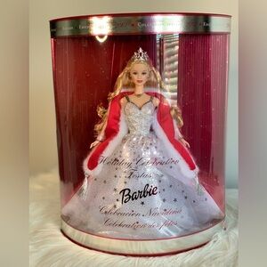 Collectable(89)Barbie 2001 Festive Doll in Silver and Red Gown